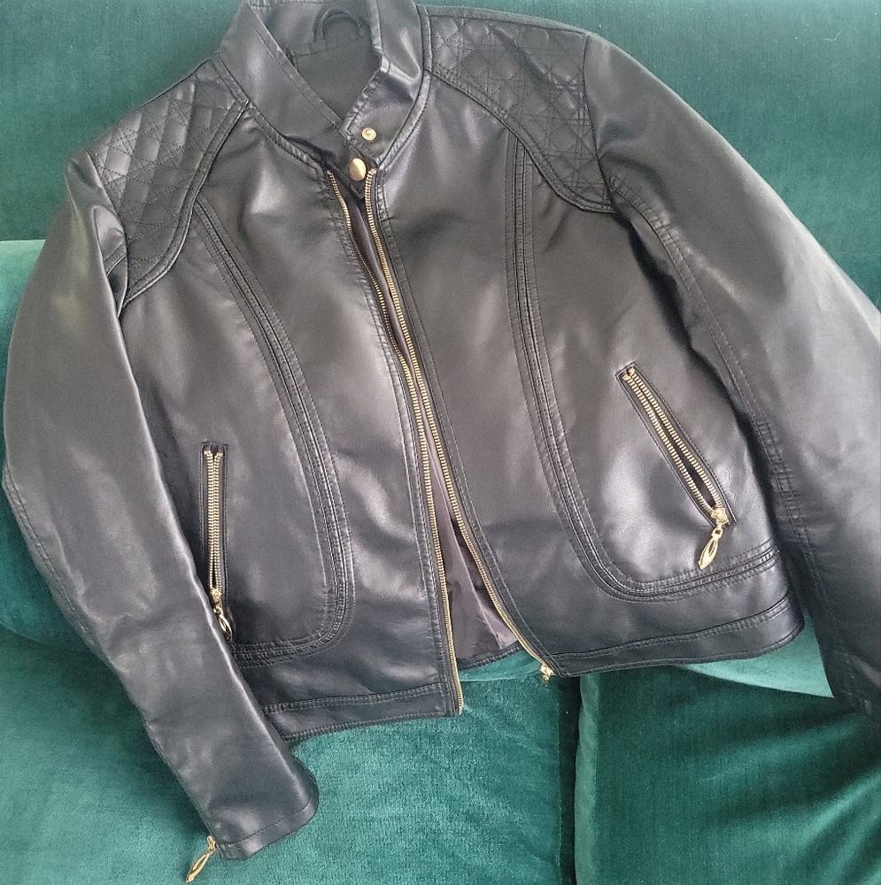 Black (Faux) Leather Jacket with Gold Accents